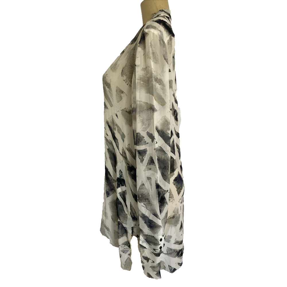 Go by Go Silk Shirt Button Down Tunic Sheer Gray White Silk V Neck Long Sleeve L - Picture 4 of 8